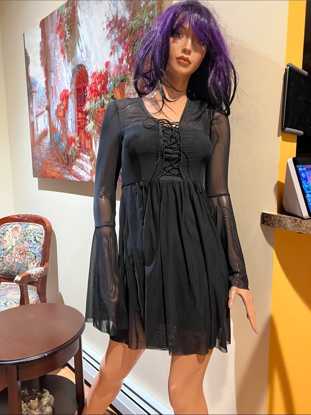Black Lace-Up Long-Sleeve gothic goth S Skater Dress nwot